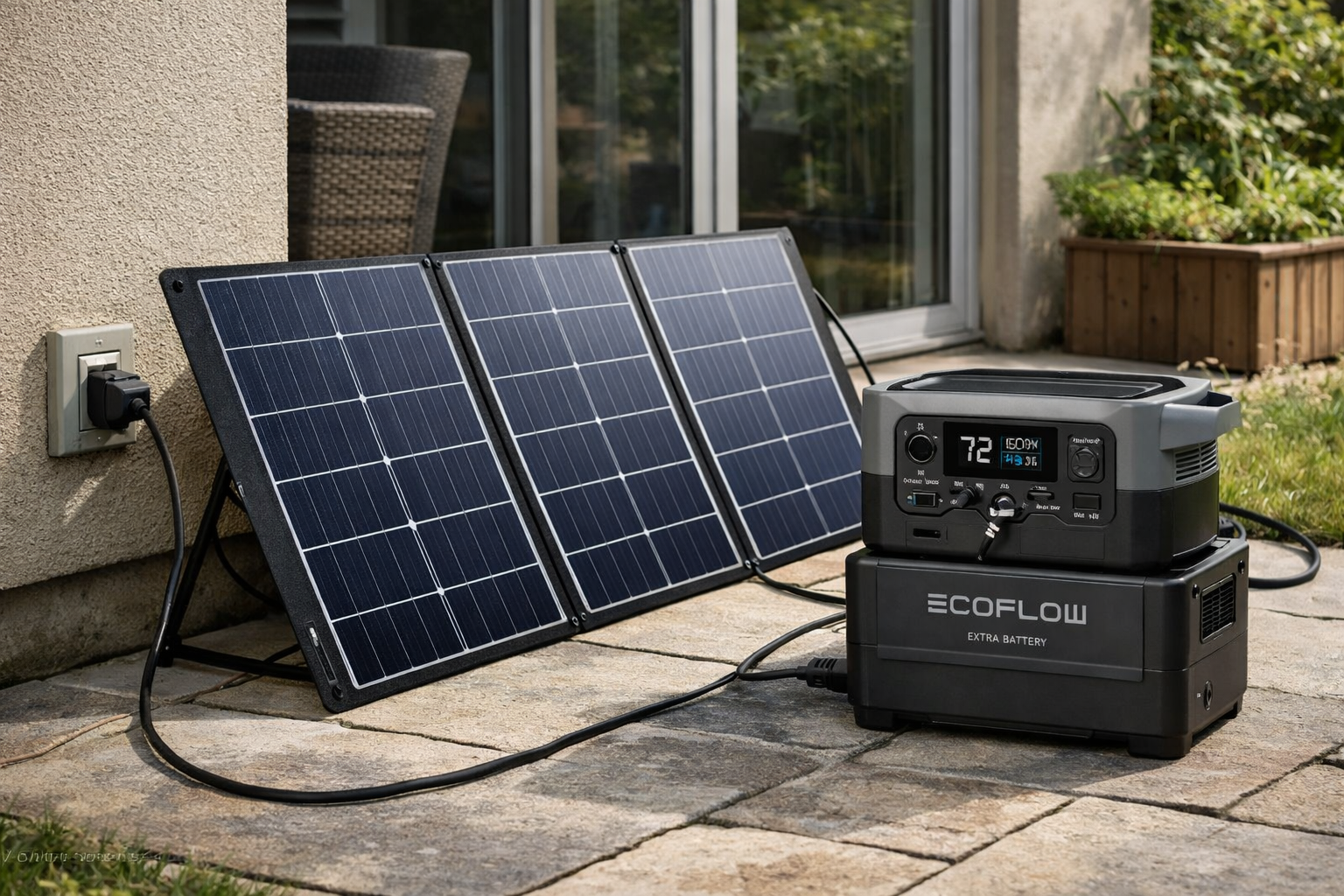 Small plug-in solar panels, microinverter and battery on a garden patio